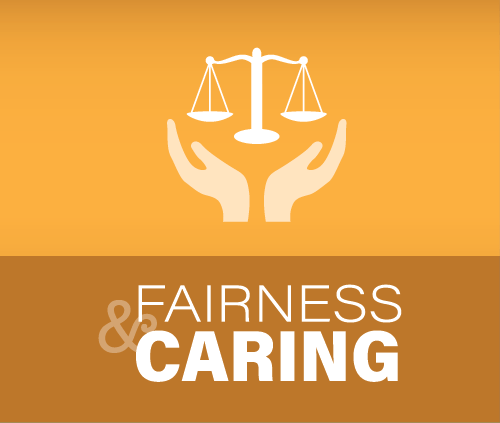 Fairness & Caring - icon showing hands holding a blalanced scale with a yellow background